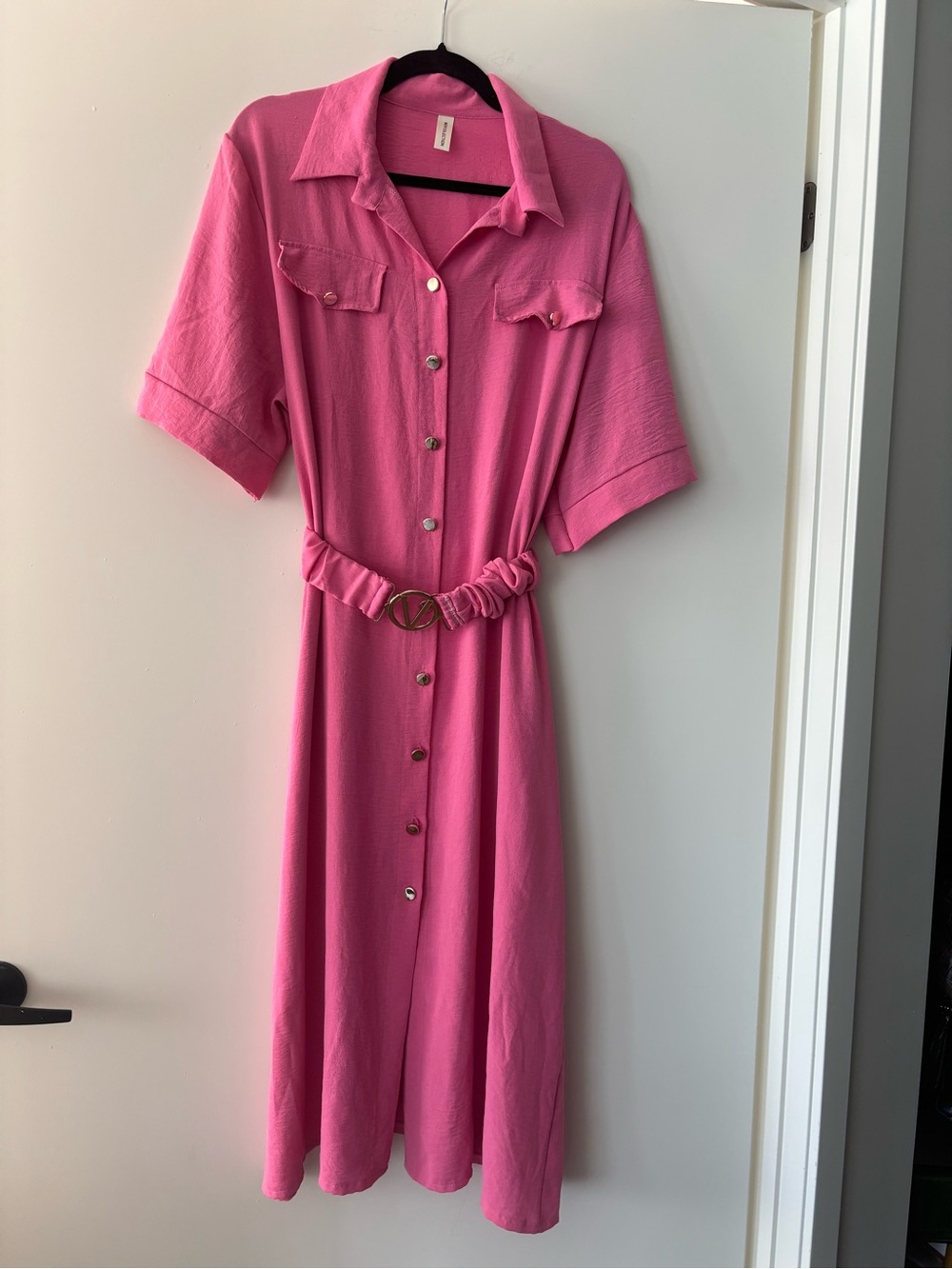 Pink Button-Front Belted Shirt Dress in size M